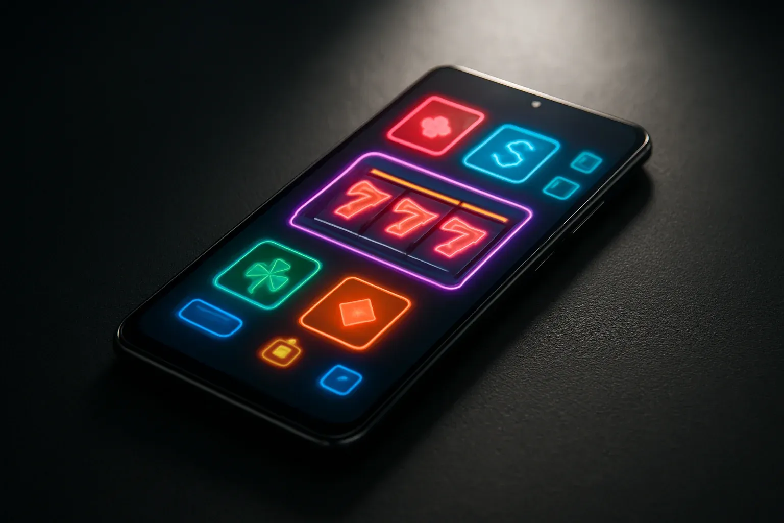 Ultra-realistic Android smartphone showing colorful casino-style app interface on dark surface