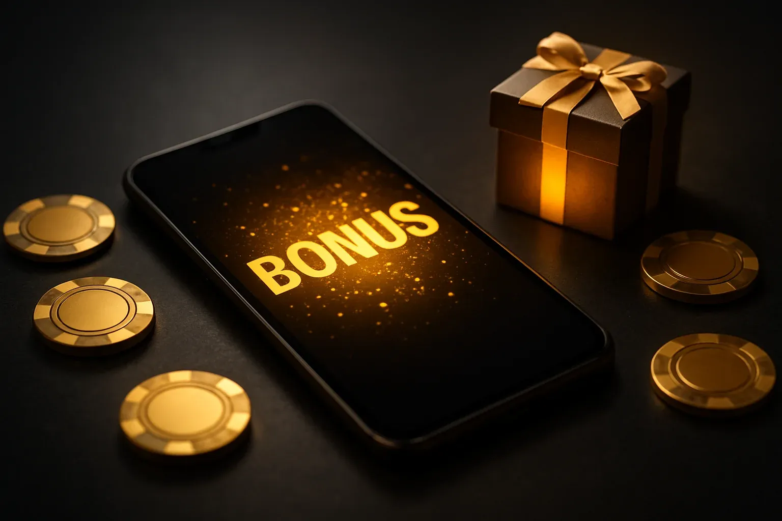 Sleek smartphone showing golden bonus interface with casino chips and gift box