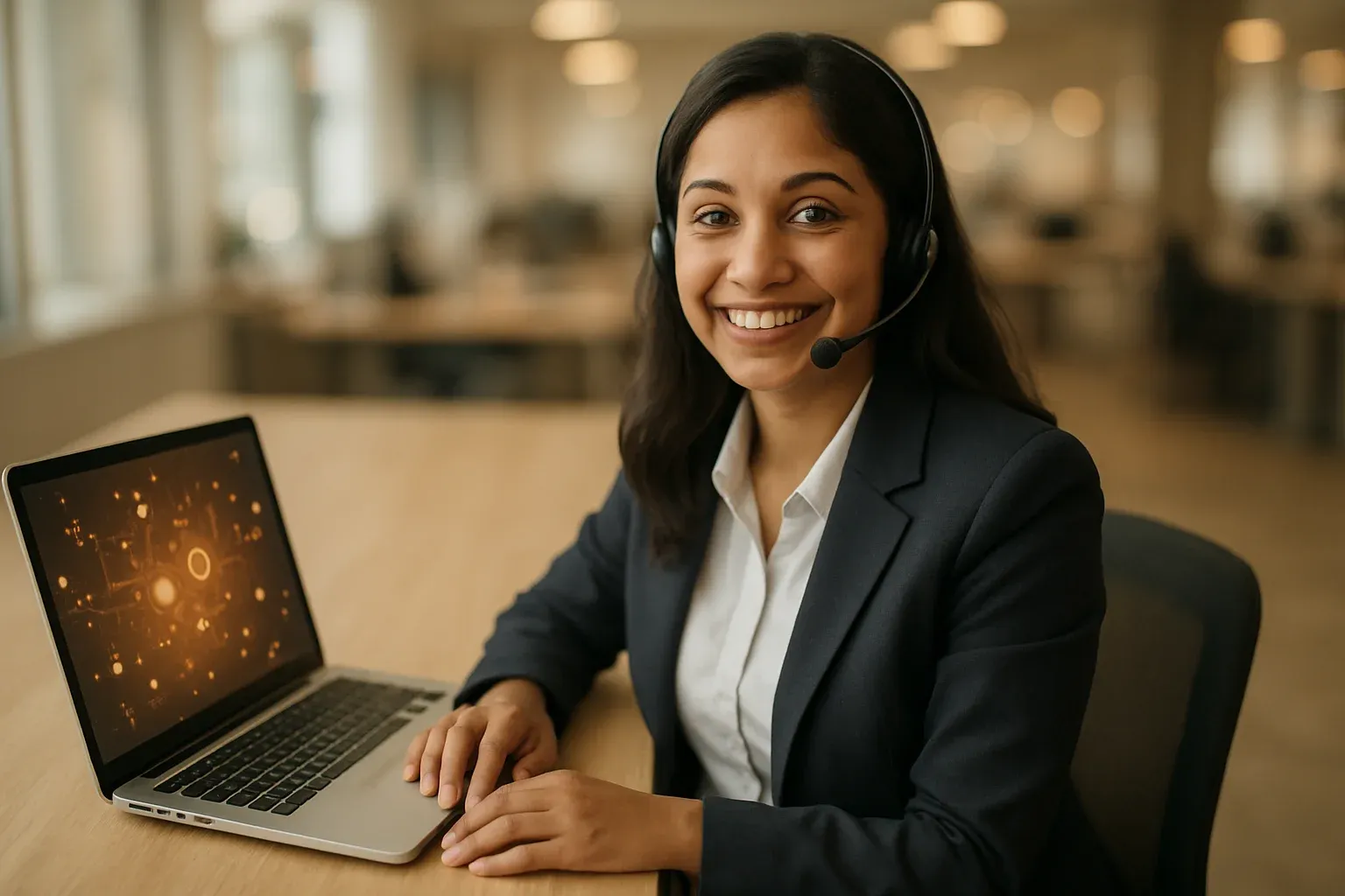 Smiling Bangladeshi customer service representative at desk with laptop in warm office