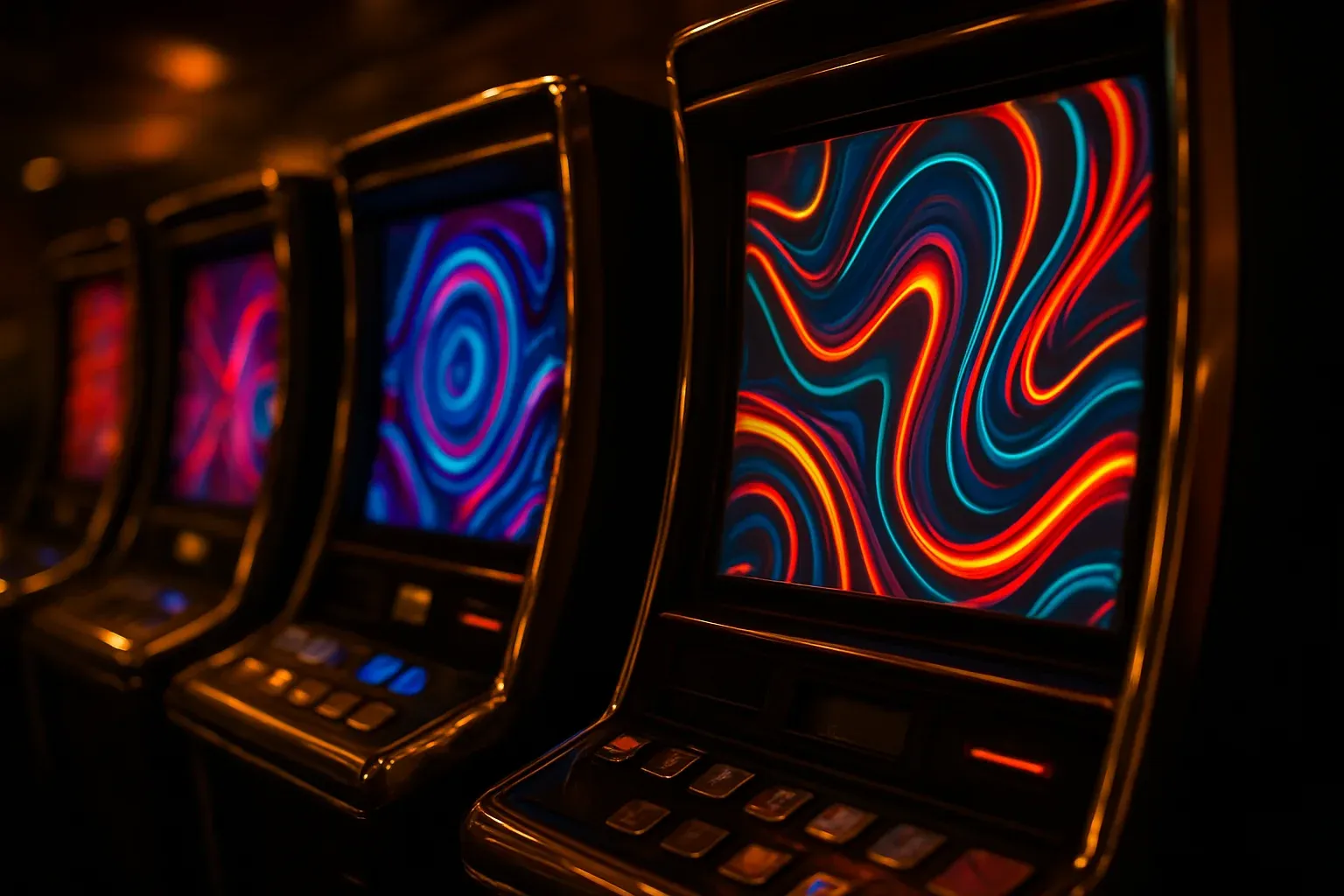Ultra-realistic casino games collection with glowing slot screens in neon lounge