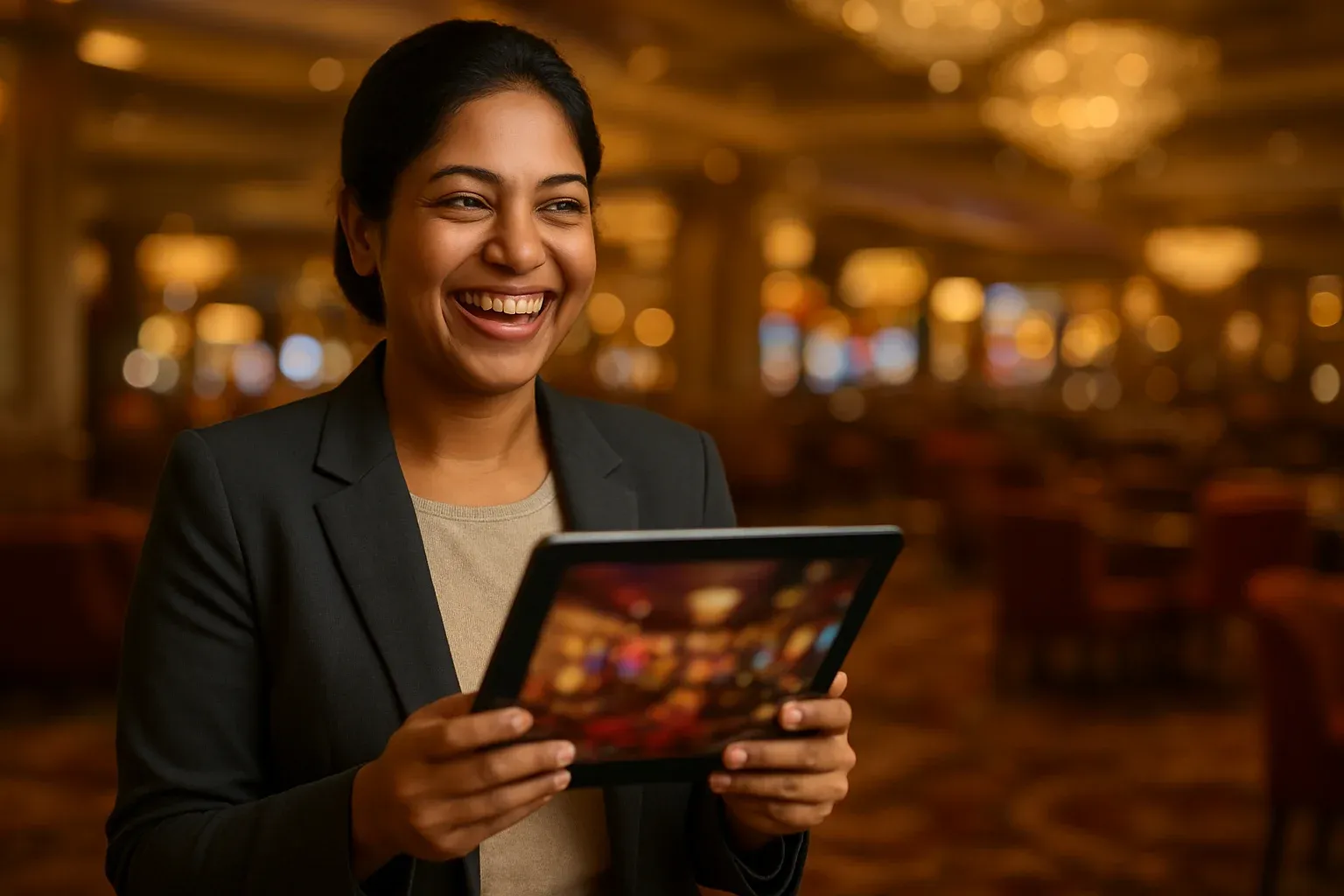 Happy Bangladeshi woman in blazer holding tablet with blurred casino lobby screen