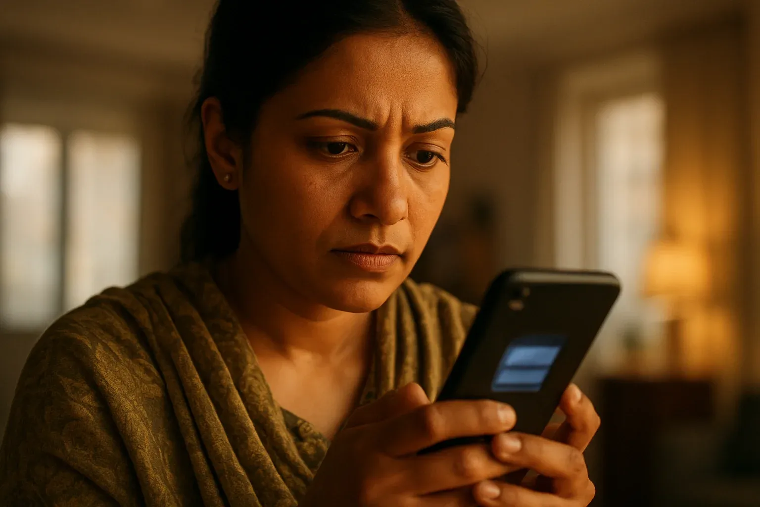 Bangladeshi woman viewing blurred smartphone login screen in warm indoor light