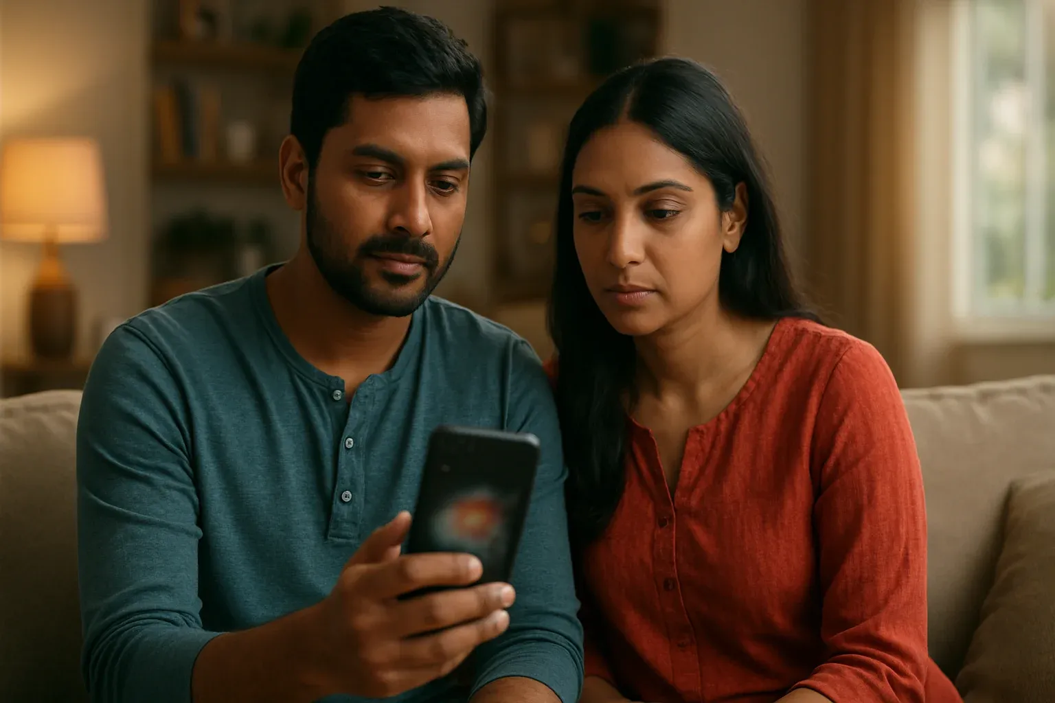 Young Bangladeshi couple calmly viewing casino app on smartphone at home