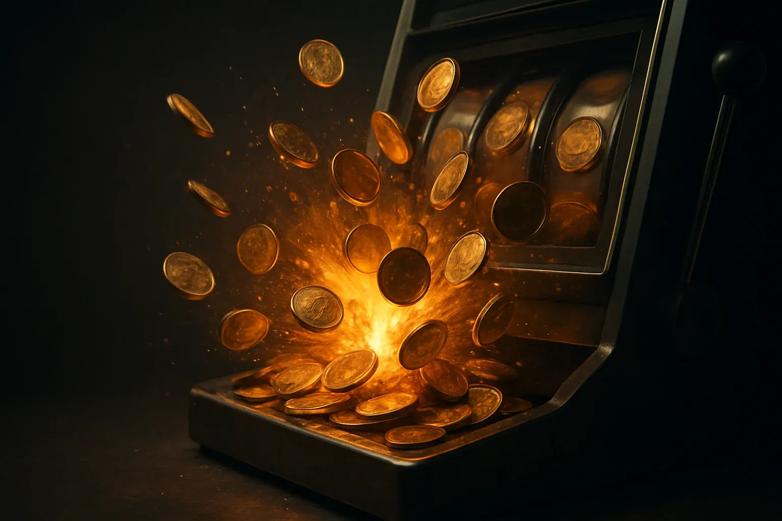 Golden coins bursting from slot machine tray in dramatic lighting